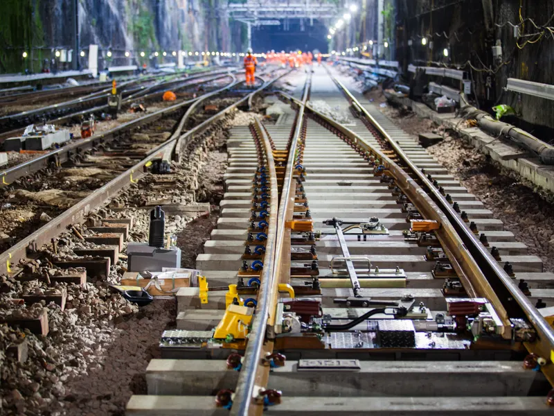 Newly renewed track and signalling equipment in a cutting